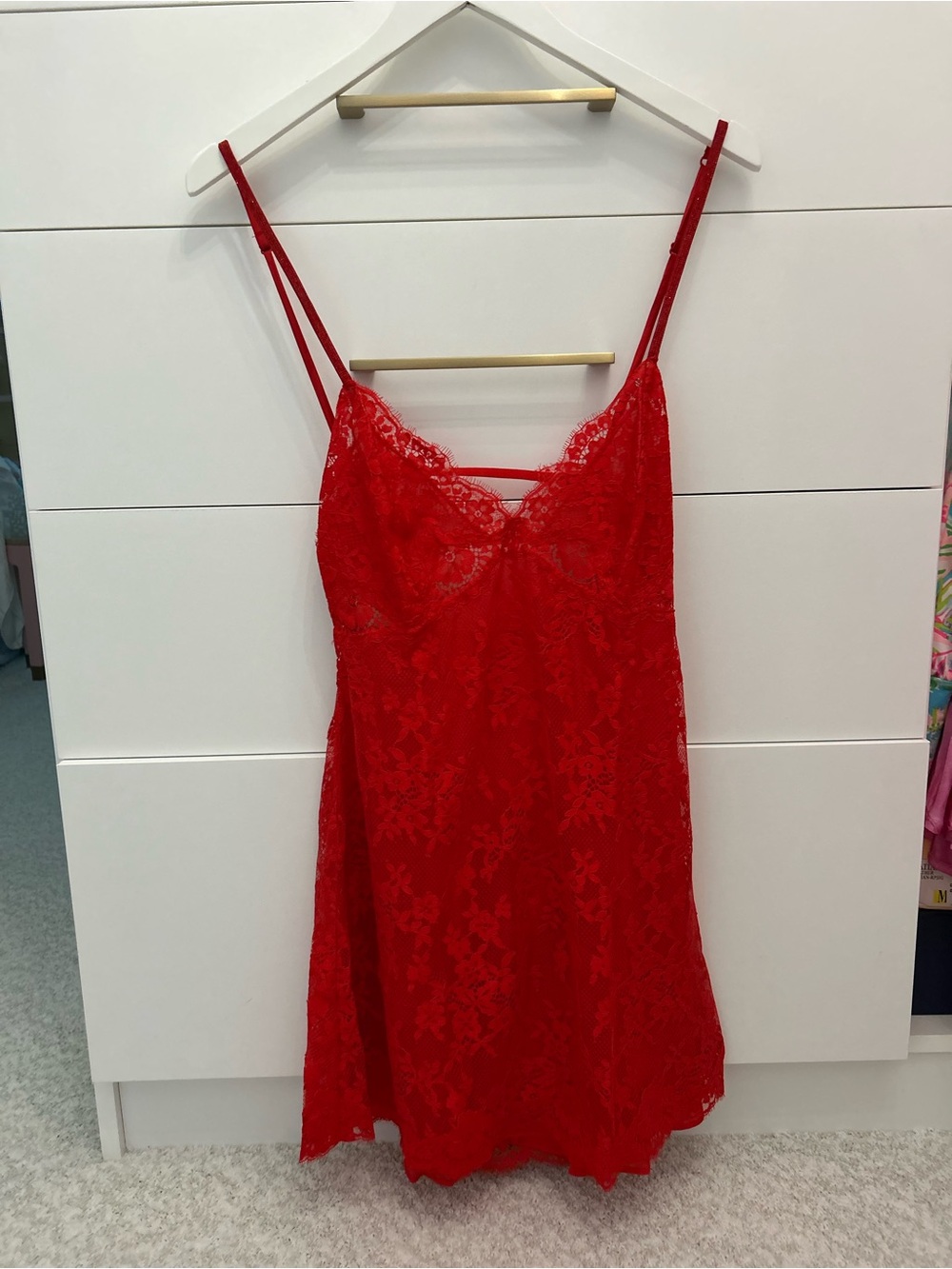 Victoria's Secret Red Twinkle Strap Lace Mini Slip Dress Size Large